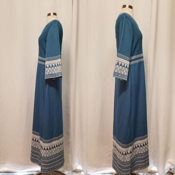 Vintage 70s Polyester Sears Union Made A Line Geometric Flowy Blue Maxi Dress - Picture 2 of 9